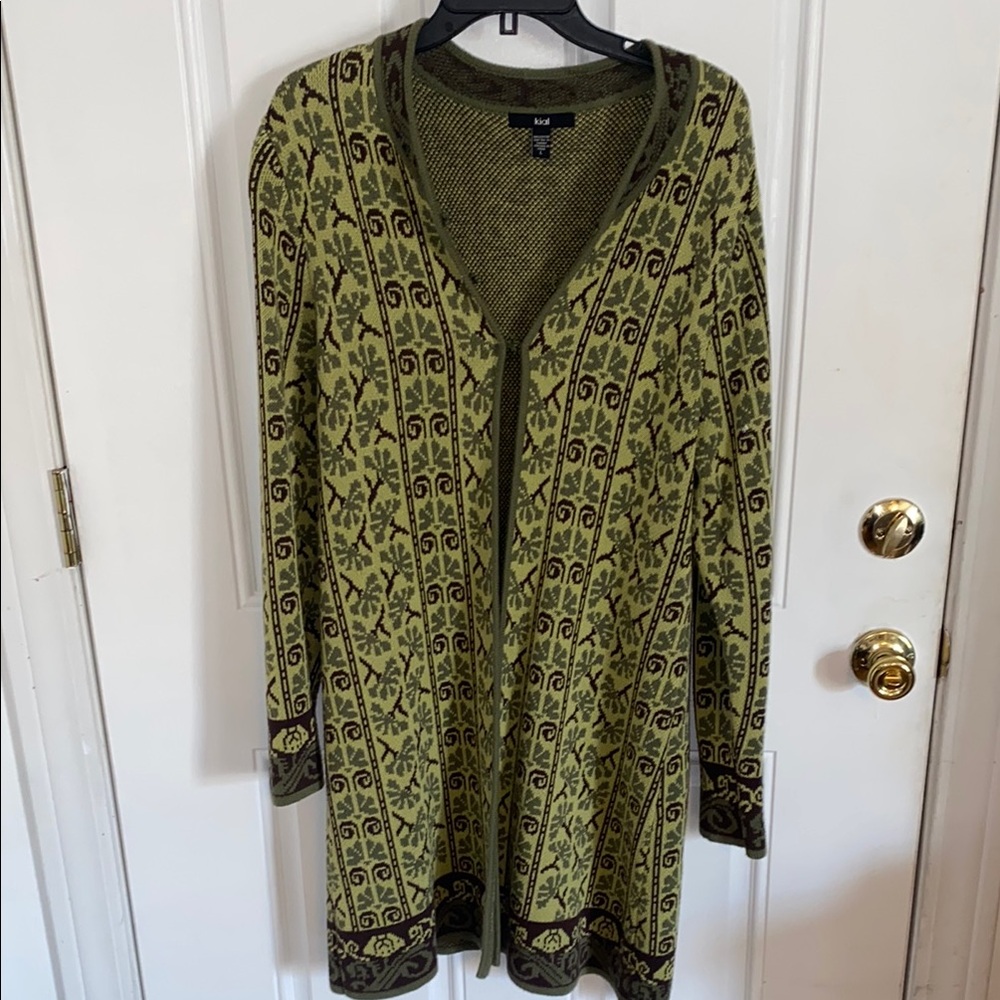 Kial Womens Sweater Jacket Green Brown Size large Boho Artsy Long Cardigan